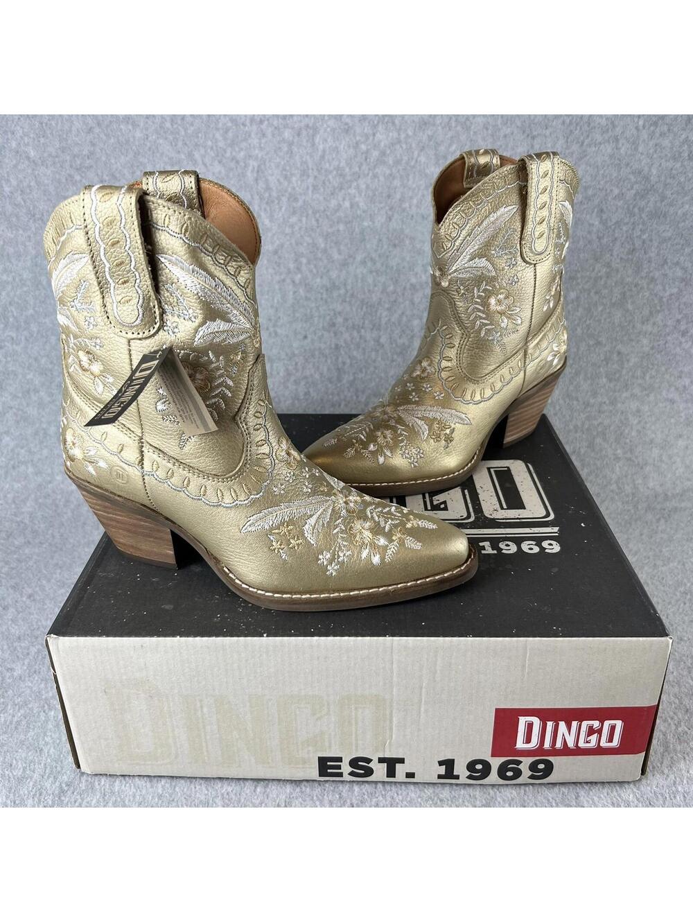 Dingo Western Boots Womens Size 6 Floral Embroidery Genuine Leather Gold